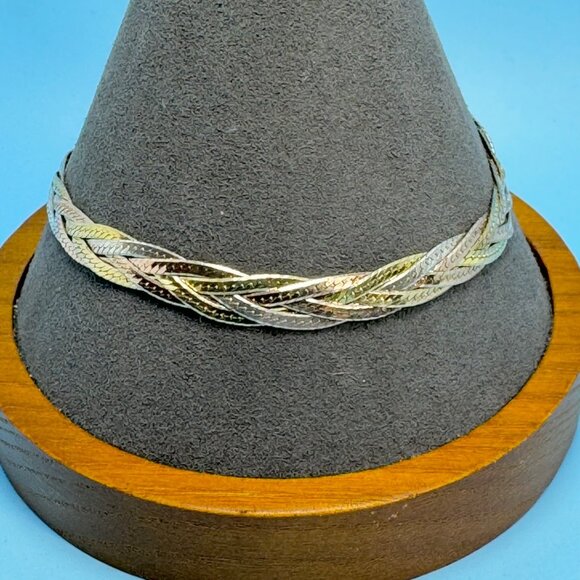 VTG Sterling Silver 925 Tri-Color Braided Herringbone Bracelet Size 8'' Length - Picture 1 of 10